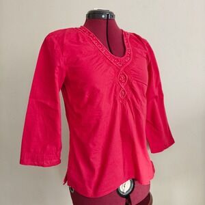 St Johns Bay Womens Blouse Embroidered beaded Pink V Neck 3/4 Sleeve Tunic Top M